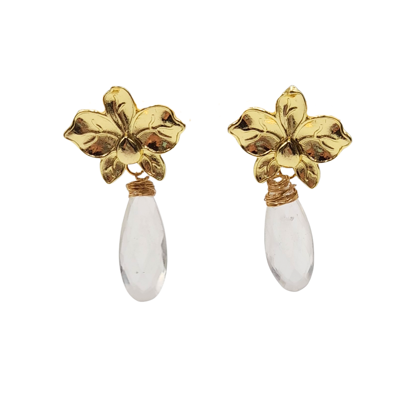 Aros flor dorada con gota de cristal