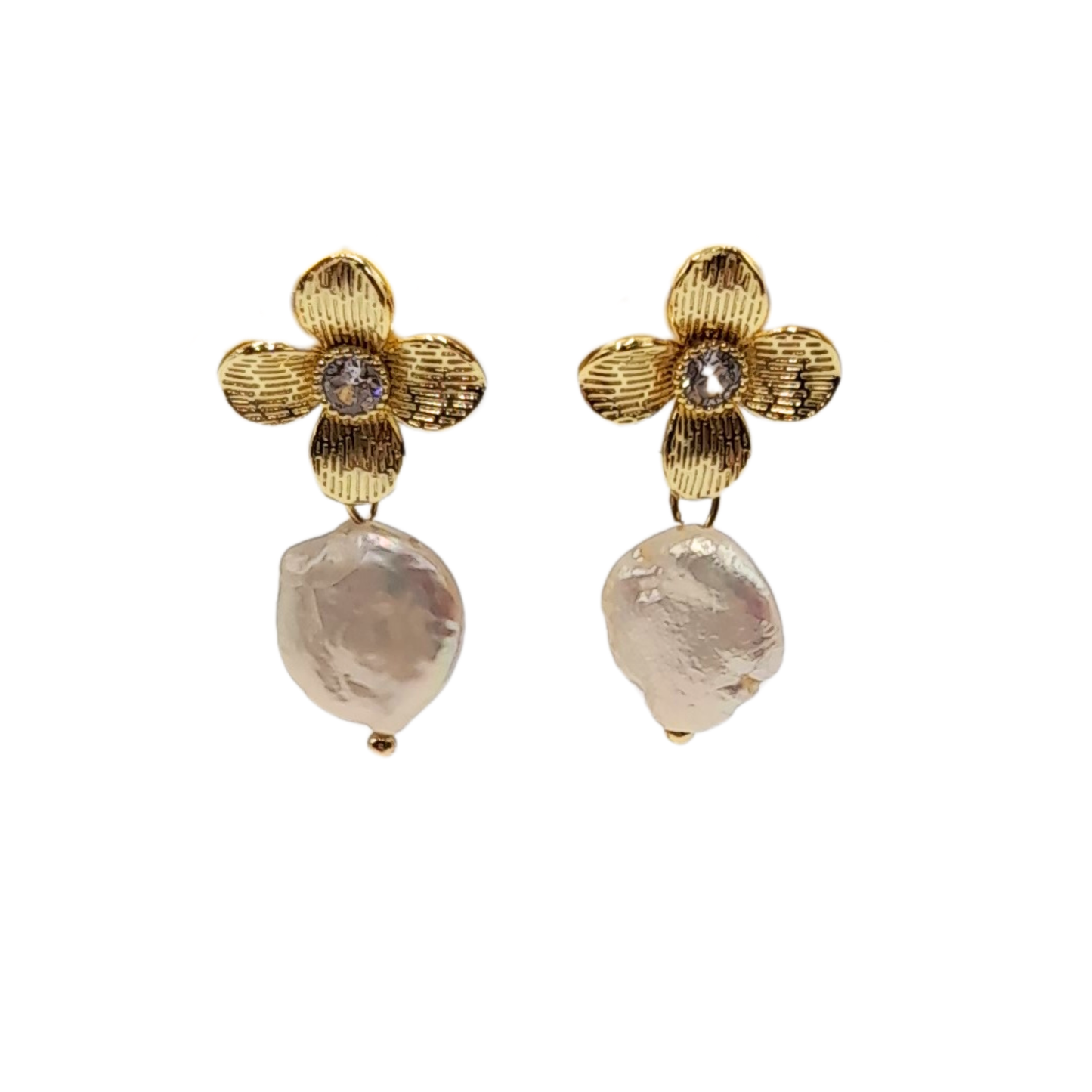 Aros flor dorada con perla barroca