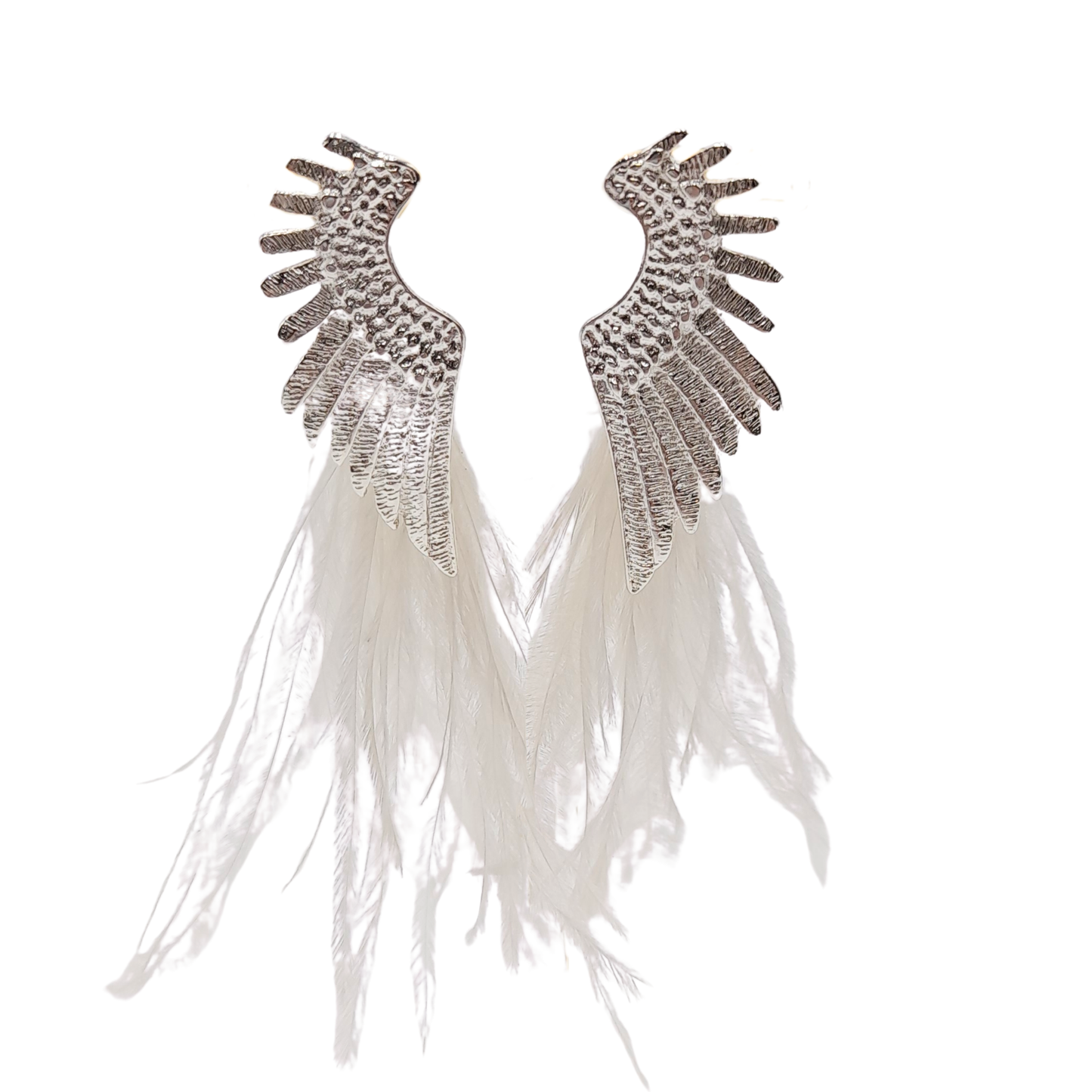 Aros alas plateadas con plumas blancas
