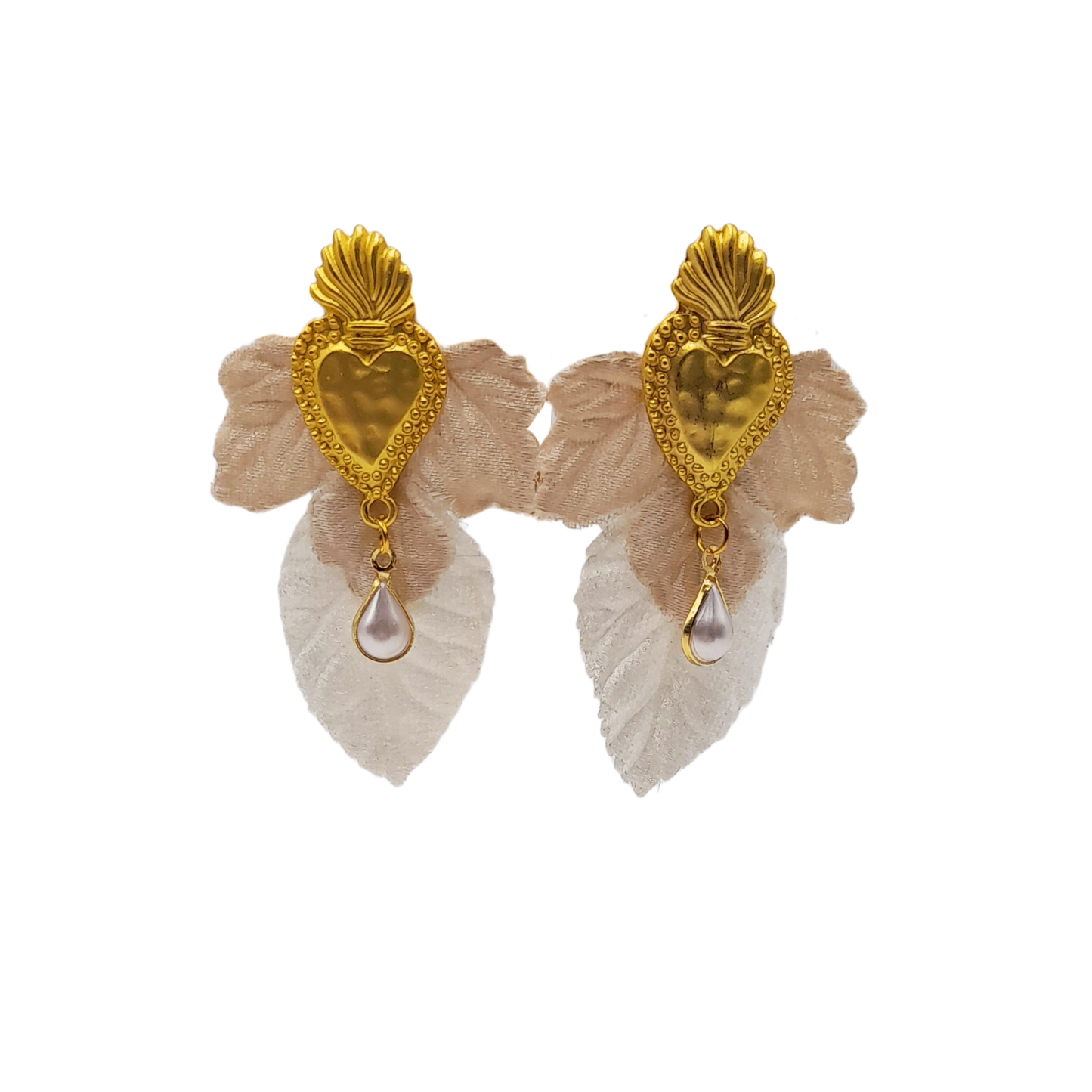 Aros con corazón dorado y lágrima perlada