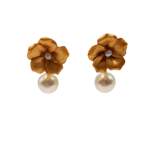 Aros flor dorada con perla