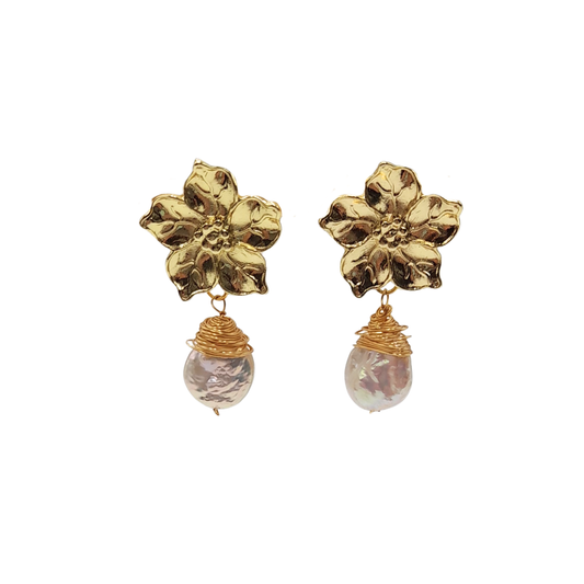 Aros flor dorada con perla barroca