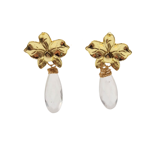 Aros flor dorada con gota de cristal