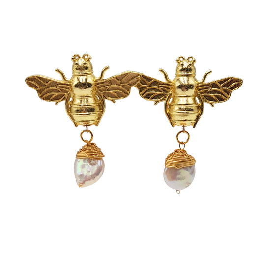 Aros abeja dorada con perla barroca