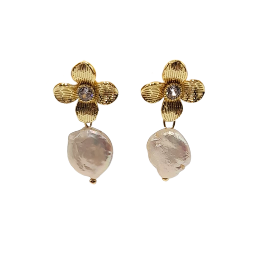 Aros flor dorada con perla barroca
