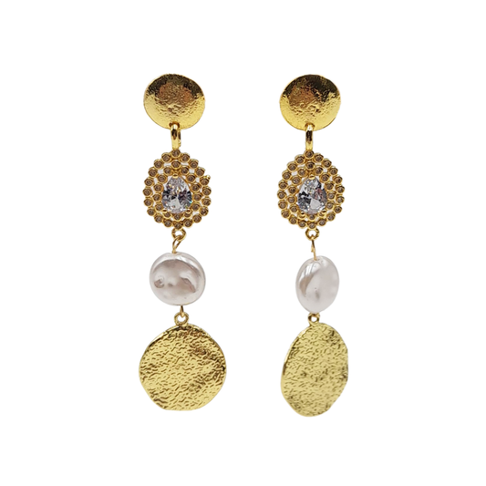 Aros dorados con piedra, perla y disco