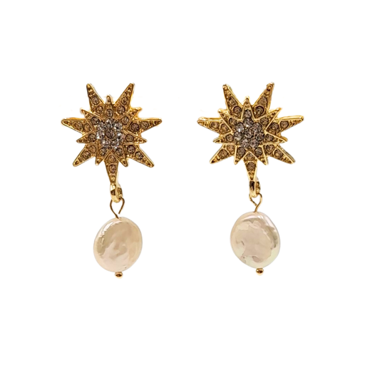 Aros estrella dorada con perla barroca